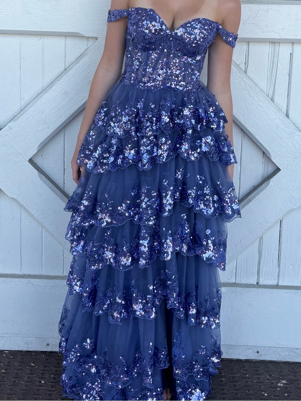Girls Navy Purple Sequin Tiered Tulle Dress